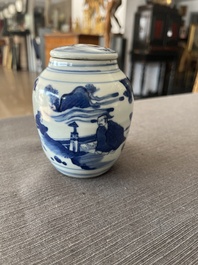 A Japanese blue and white Arita jar and cover with figures in a landscape, Edo, 18th/19th C;