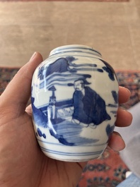 A Japanese blue and white Arita jar and cover with figures in a landscape, Edo, 18th/19th C;