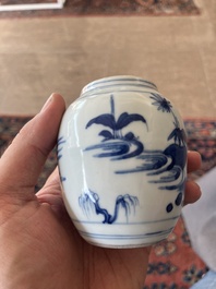 A Japanese blue and white Arita jar and cover with figures in a landscape, Edo, 18th/19th C;