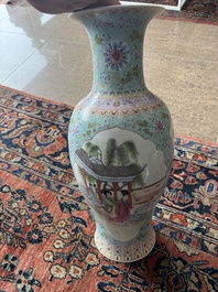A Chinese famille rose baluster vase with court ladies relaxing in a palace garden, Qianlong mark, Republic, 20th C.