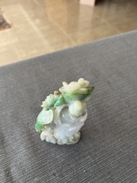 Two Chinese turquoise figures of Lan Caihe and a jade lady figure, 20th C.
