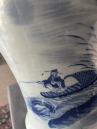 A Chinese blue and white baluster vase with an animated river landscape, 19th C.
