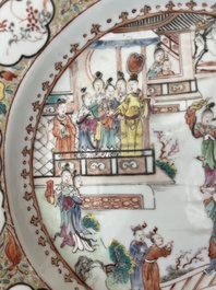A Chinese octagonal famille rose 'Mandarin acrobat' plate, Qianlong