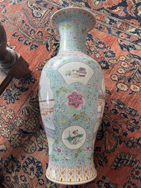 A Chinese famille rose baluster vase with court ladies relaxing in a palace garden, Qianlong mark, Republic, 20th C.