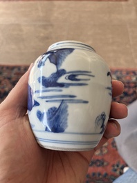A Japanese blue and white Arita jar and cover with figures in a landscape, Edo, 18th/19th C;