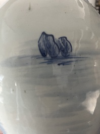 A Chinese blue and white baluster vase with an animated river landscape, 19th C.