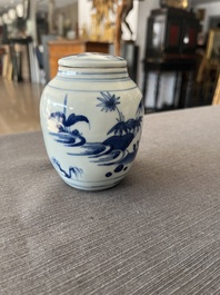 A Japanese blue and white Arita jar and cover with figures in a landscape, Edo, 18th/19th C;