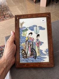 A Chinese famille rose plaque with the Queen Mother of the West descending from heaven, Republic, 20th C.