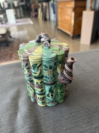 A Chinese bamboo-shaped famille verte teapot and cover with floral design, Kangxi