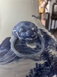 A Chinese blue and white baluster vase with an animated river landscape, 19th C.