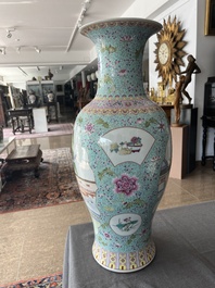 A Chinese famille rose baluster vase with court ladies relaxing in a palace garden, Qianlong mark, Republic, 20th C.