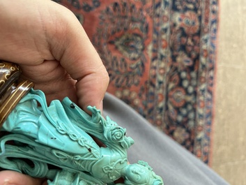 Two Chinese turquoise figures of Lan Caihe and a jade lady figure, 20th C.