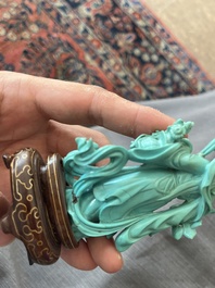 Two Chinese turquoise figures of Lan Caihe and a jade lady figure, 20th C.