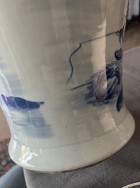 A Chinese blue and white baluster vase with an animated river landscape, 19th C.