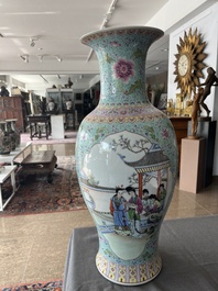 A Chinese famille rose baluster vase with court ladies relaxing in a palace garden, Qianlong mark, Republic, 20th C.