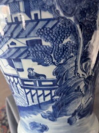 A Chinese blue and white baluster vase with an animated river landscape, 19th C.