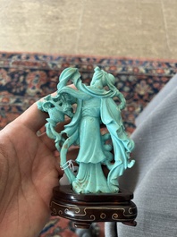 Two Chinese turquoise figures of Lan Caihe and a jade lady figure, 20th C.