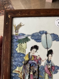 A Chinese famille rose plaque with the Queen Mother of the West descending from heaven, Republic, 20th C.