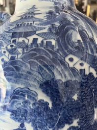 A Chinese blue and white baluster vase with an animated river landscape, 19th C.