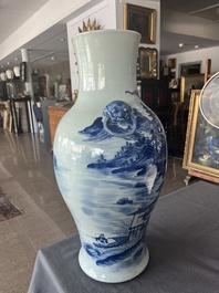 A Chinese blue and white baluster vase with an animated river landscape, 19th C.