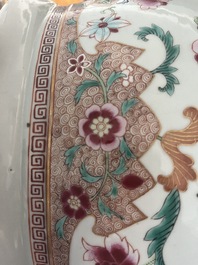 A Chinese famille rose jardini&egrave;re with floral design on a wooden base, 19th C.