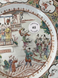 A Chinese octagonal famille rose 'Mandarin acrobat' plate, Qianlong