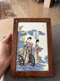 A Chinese famille rose plaque with the Queen Mother of the West descending from heaven, Republic, 20th C.