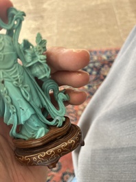 Two Chinese turquoise figures of Lan Caihe and a jade lady figure, 20th C.