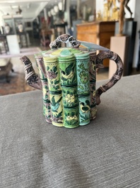A Chinese bamboo-shaped famille verte teapot and cover with floral design, Kangxi
