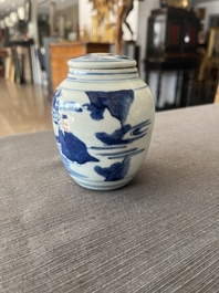 A Japanese blue and white Arita jar and cover with figures in a landscape, Edo, 18th/19th C;