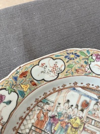 A Chinese octagonal famille rose 'Mandarin acrobat' plate, Qianlong