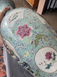 A Chinese famille rose baluster vase with court ladies relaxing in a palace garden, Qianlong mark, Republic, 20th C.