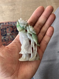 Two Chinese turquoise figures of Lan Caihe and a jade lady figure, 20th C.