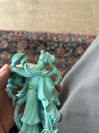 Two Chinese turquoise figures of Lan Caihe and a jade lady figure, 20th C.