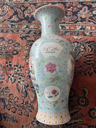 A Chinese famille rose baluster vase with court ladies relaxing in a palace garden, Qianlong mark, Republic, 20th C.