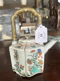A pair of Chinese famille verte stem cups with floral design and a French Samson famille verte style teapot and cover, Kangxi and 19th C.