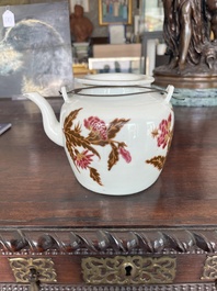 Three Chinese famille rose and qianjiang cai teapots and covers with floral design and antiquities, 19th/20th C.