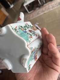 A pair of Chinese famille verte stem cups with floral design and a French Samson famille verte style teapot and cover, Kangxi and 19th C.