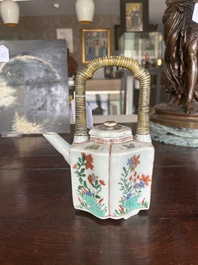 A pair of Chinese famille verte stem cups with floral design and a French Samson famille verte style teapot and cover, Kangxi and 19th C.