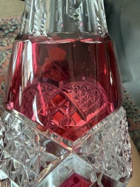 Six partly coloured overlay crystal cut glasses and one decanter, Val Saint Lambert, model Verrept, Belgium, third quarter 20th C.