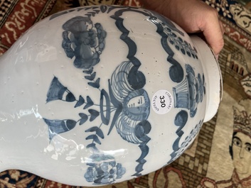 A large English Delftware blue and white pharmacy jar with a cartouche, probably Lambeth, 18th C.