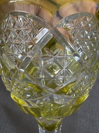 Six partly coloured overlay crystal cut glasses and one decanter, Val Saint Lambert, model Verrept, Belgium, third quarter 20th C.