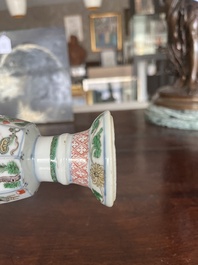 A pair of Chinese famille verte stem cups with floral design and a French Samson famille verte style teapot and cover, Kangxi and 19th C.