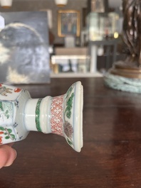 A pair of Chinese famille verte stem cups with floral design and a French Samson famille verte style teapot and cover, Kangxi and 19th C.