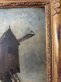 Xavier De Cock (1818-1896): View of the large post mill on the Molenberg in Deurle, oil on board