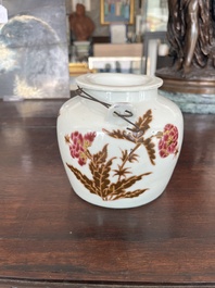 Three Chinese famille rose and qianjiang cai teapots and covers with floral design and antiquities, 19th/20th C.