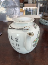 Three Chinese famille rose and qianjiang cai teapots and covers with floral design and antiquities, 19th/20th C.