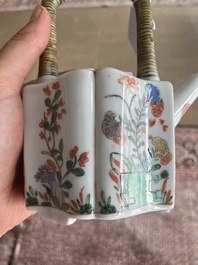 A pair of Chinese famille verte stem cups with floral design and a French Samson famille verte style teapot and cover, Kangxi and 19th C.