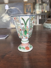 A pair of Chinese famille verte stem cups with floral design and a French Samson famille verte style teapot and cover, Kangxi and 19th C.