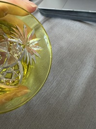Eight partly coloured overlay cut crystal glasses, six of which with gilt design, Belgium, Val Saint Lambert, 20th C.